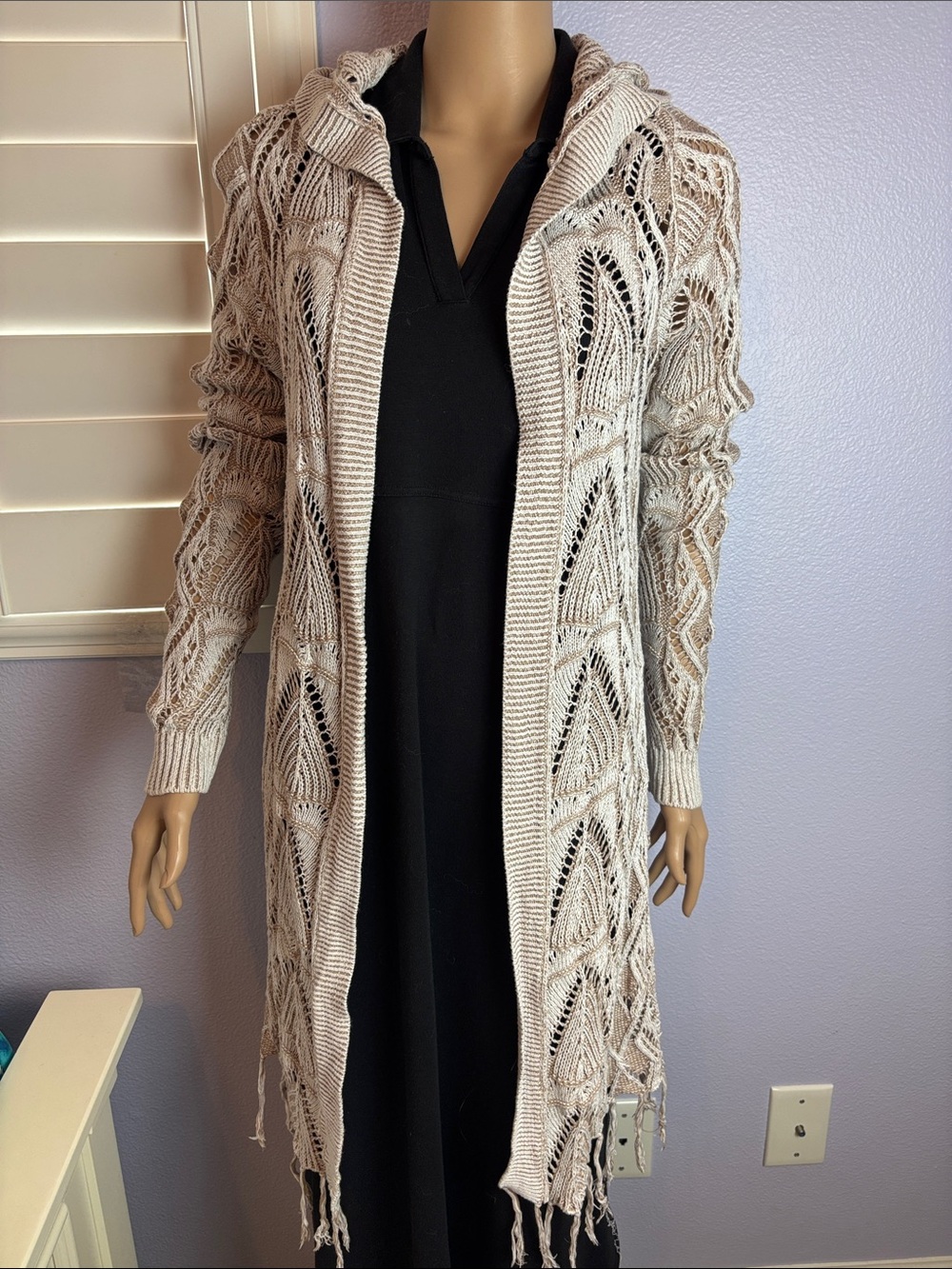 Open-Weave Cotton Hooded Fringe Long Open Cable Knit Cardigan - Tan and Cream